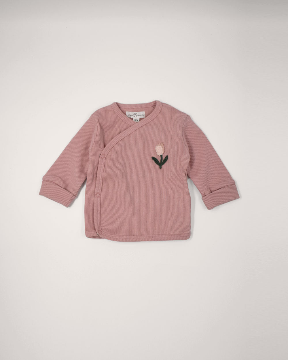 Overslagshirtje rib roze met bloem
