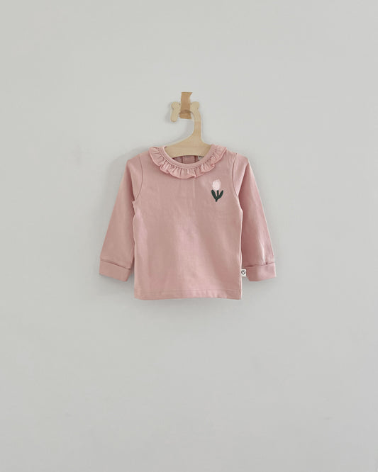 T-shirt jersey ruffle poederroze